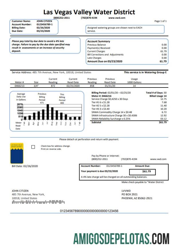 Em branco modelo de conta de serviços públicos do Distrito Aquático do Vale de Las Vegas (LVVWD) nos EUA em formato Word e PDF